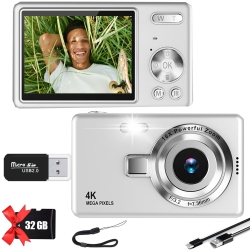 MAKATA Kid's 4K Digital Camera And Video Recorder (Silver) 48Mp 16X Zoom 1080P HD Vlogging Point And Shoot Camera 32GB Memory Card, Gift for Kids