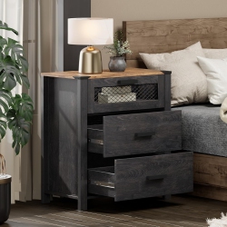 WAMPAT Nightstand With Drawers, Tall 3 Drawer Bedside Table for Bedroom, End Tables With Chest Of Drawers for Living Room, Dark Walnut And In Black