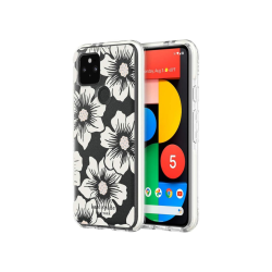 KATE SPADE New York Defensive Hardshell Case for Google Pixel 5 | Clear With Glitter Flowers