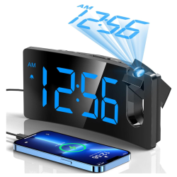 PRIME MADE Projection Alarm Clock, Digital Clock \w Modern Curved Design 180° Rotatable Projector, 3-Level Brightness Dimmer, Clear Led Display