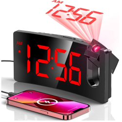 PRIME MADE Projection Alarm Clock, Digital Clock \w Modern Curved Design 180° Rotatable Projector, 3-Level Brightness Dimmer, Clear Led Display