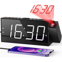 PRIME MADE Projection Digital Alarm Clock On Ceiling Wall, Led Alarm Clock for Bedrooms \w USB Charger Port, 350° Projector, Dimmer, 12/24H &