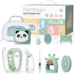 MOMCOZY Elite Baby Kit, Superior Gift Set, Include Electric Nail File&nasal Aspirator, Heated Tummy Wrap, Thermometer, Bath Brush, Teether, Medicine