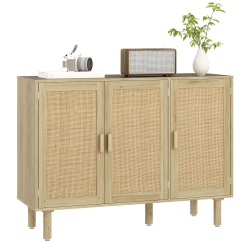 HOMCOM Boho Sideboard, 46.9" Buffet Cabinet \w 3 Decorative Rattan Doors And Solid Wood Legs, Coffee Bar Cabinet \w Shelves for Living Room