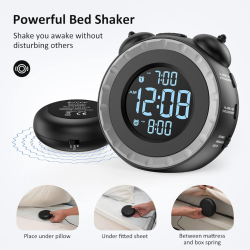 PRIME MADE Loud Dual Alarm Clock \w Bed Shaker - 0-100% Dimmer, Vibrating Alarm Clock for Heavy Sleepers Or Hearing Impaired, Easy to Set, USB