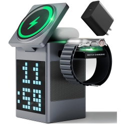 HTUTWOO Wireless Charger Speaker, Pixel Art Bluetooth Speaker \w Led Display, Digital Alarm Clock, Multi-Function 6-In-1 Magnetic Wireless Charger