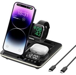 HTUTWOO 5 In-1 Wireless Charger Phone Charging Station Automatic Lifting Charging Stand Dock Fast Travel Charger for Multiple Devices Adapt \w Phone