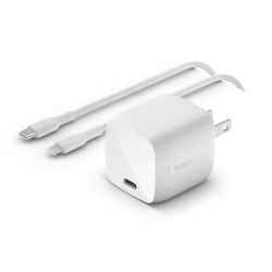 BELKIN 30W Gan Wall Charger USB-C Charger With Lightning Cable In White
