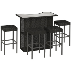 OUTSUNNY 5 Pieces Patio Bar Set, Outdoor Pe Rattan Wicker High Top Outdoor Table And Chairs Outdoor Bar Set \w Tempered Glass Top Bar Table And