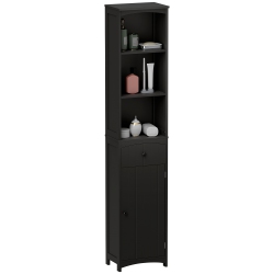 HOMCOM Bathroom Storage Cabinet, Tall Linen Tower With 3-Tier Shelves And Drawer And Door In Black