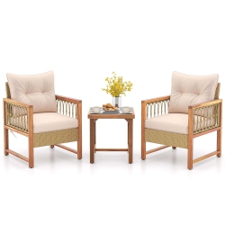 GYMAX 3 PCs Furniture Set Patio Pe Wicker Conversation Bistro Set & Beige In Light Brown