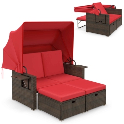 GYMAX Rattan Daybed W/ Adjustable Backrests & Retractable Canopy for Patio