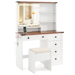 GYMAX Farmhouse Vanity Set W/ Mirror And Lights Dressing Table & Chair Set