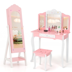 GYMAX Kids Vanity Set Princess Makeup Dressing Table & Chair Set W/ Jewelry Armoire In Pink