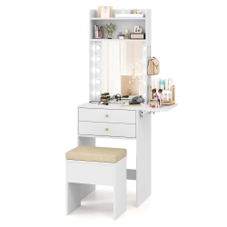GYMAX Vanity Desk Set W/ Mirror And Lights 3-Color Lighted Mirror Cushioned Stool In White