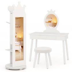 GYMAX Kids Vanity Set Princess Makeup Dressing Table & Chair Set W/ Coat Rack In White