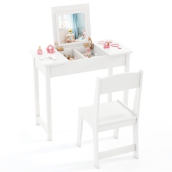 GYMAX Kids Vanity Table & Chair Set 2-In-1 Princess Makeup Dressing Desk Set