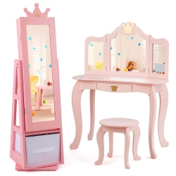 GYMAX Kids Vanity Set Princess Makeup Dressing Table & Chair Set W/ Jewelry Armoire In Pink