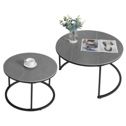 UNHO Round Nesting Table Marble: Set Of 2 Modern Low Tables Sintered Stone Top Plate Steel Legs Circle Center Accent Table for Living Room Apartment