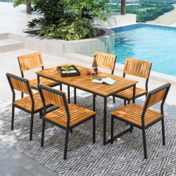 GYMAX 7 PCs Outdoor Dining Set for 6 Acacia Wood Rectangular Table & 6 Armless Chairs