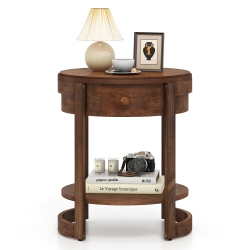GYMAX 2-Tier Nightstand W/ Shelf & Wood Grains Drawer Round End Table for Living Room
