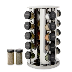 KAMENSTEIN 20 Jar Revolving Countertop Spice Rack With Spices Included, Polished Stainless Steel With Caps, 30020 In Black