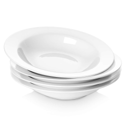 Y YHY 20 Ounces Porcelain Pasta, Soup, Salad Bowls, 9.5 Inches Wide Rim Bowl Set, White, Set Of 4