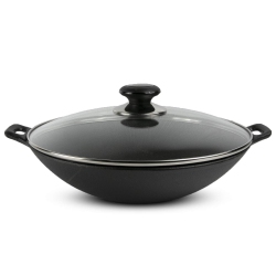 CUISILAND Pre-Seasoned Cast Iron Wok With Glass Lid (12")