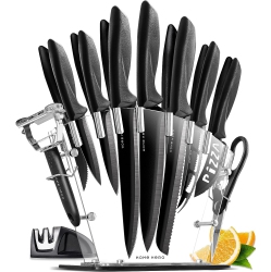 HOME HERO Knife Block Set - Kitchen Knife Set With Knife Sharpener - Knife Holder - Knife Set With Block (17 PCs - Bla