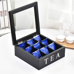 FONTURE Wood Tea Storage Box, Teabag Storing 9 Compartments Wooden Tea Box Hinged Glass Lid Tea Organizer-Black