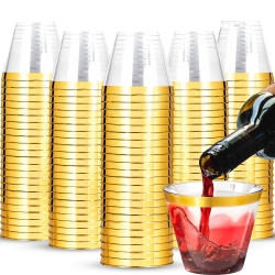 XPRESSPAK 200 Count Plastic Wine Glasses - 9 OZ - Rim Plastic Cups, Fancy Cocktail Party Cups In Gold