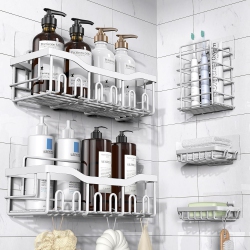 BOLDDECO 5 Pack Rustproof Premium Stainless Steel Adhesive Shower Caddy - Large Capacity Bath Organizers \w No Drilling Shelves for Bathroom Storage
