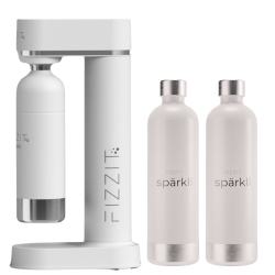 FIZZIT Stainless Steel Sparkling Water And Soda Maker Machine With 2 Stainless Steel 1 Liter Re-Usable Bottle In White
