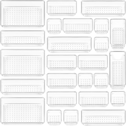 BOLDDECO 25 PCs Clear Plastic Drawer Organizers Set, 4-Size Versatile Bathroom And Vanity Drawer Organizer Trays, Storage Bins for Makeup, Bedroom