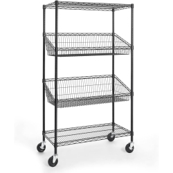 CAPHAUS Nsf Commercial Heavy Duty 4 Tier Wire Shelving W/two Trapezoid Baskets, Wheels, Leveling Feet, Storage Metal Shelf, Basement Garage Shelving