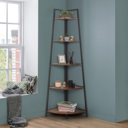CAPHAUS Tall Corner Shelf Stand, 5-Tier Display Shelves, Ladder Corner Wood Storage Plant Bookshelf \w Metal Frame, Versatile Shelving Unit Bookcase
