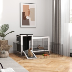 PAWHUT Wooden Rabbit Hutch, Indoor Outdoor Guinea Pig Cage With Pull-Out Tray, Asphalt Openable Roof, Small Animal Cage On Wheels With Run, Dark