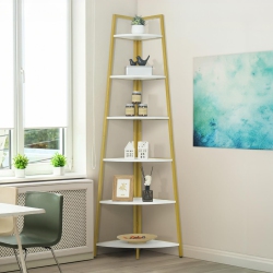 CAPHAUS Tall Corner Shelf Stand, 6-Tier Display Shelves, Ladder Corner Wood Storage Plant Bookshelf \w Metal Frame, Versatile Shelving Unit Bookcase