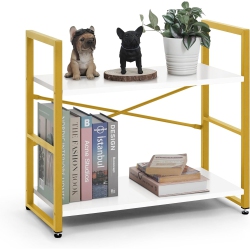 CAPHAUS 2 Tier Small Bookshelf, 24 Inch Width Free Standing Shelf, Bookcase Shelf Storage Organizer, Industrial Book Shelves Wooden Shelves & Gold