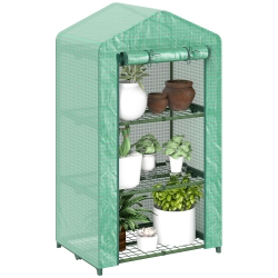 OUTSUNNY 3 Tier Mini Greenhouse, Portable Outdoor Flower Stand \w Shelf Clips, Indoor Greenhouse \w Plastic Cover And Steel Frame, Green, 27" X 19