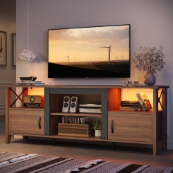 BESTIER Farmhouse Tv Stand for 70 Inch Tv With Led Light, 63" Tv Console Cabinet With Media Storage