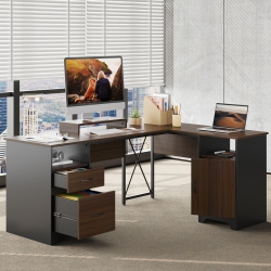 BESTIER 63" L Shaped Home Office Desk With File&storage Drawers And Cabinet, Executive Desk With Monitor Stand And Open Compartments