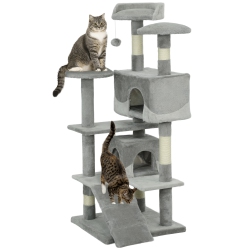 PAWHUT 53" Cat Tree Tower, Large Cat Condo Furniture Multi-Level Activity Center With Scratching Posts, Perches, Ramp, Dangling Balls - In Grey