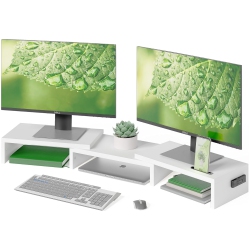 NIERBO Dual Monitor Stand \w Smartphone Holder, Adjustable Length & Swivel Angle Wooden Desktop Organizer Stand PC Riser for PC Monitor Laptop