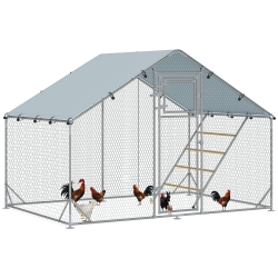 PAWHUT Chicken Run, Large Metal Chicken Coop \w Feeding Door, Waterproof & Uv-Resistant Cover, Hanging Feeder, Perch, Poultry Cage for Outdoor