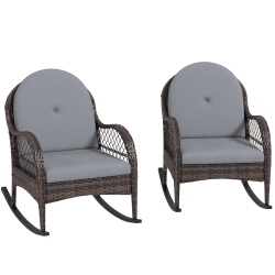 OUTSUNNY Wicker Outdoor Rocking Chair Set Of 2, Rattan Patio Rocking Chairs \w Cushions And Curved Armrests, Indoor Outdoor Rocker for Porch