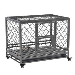 PAWHUT Heavy Duty Dog Crate, Metal Dog Kennel Cage \w Wheels, Openable Top, Removable Tray, Stainless Steel Bowl, for Small, Medium, Large Dogs