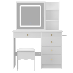 HOMSEE Vanity Desk Set With Sliding Led Mirror, 5 Drawers, Storage Shelves & Cushioned Stool for Bedroom (39.4" W X 18" D X 53.4" H), White