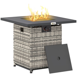 OUTSUNNY 28 Inch Outdoor Propane Fire Pit Table, 40, 000 Btu Rattan Gas Fire Pit Table \w Rain Cover, Mesh Lid And Lava Stone, Square Propane Fire