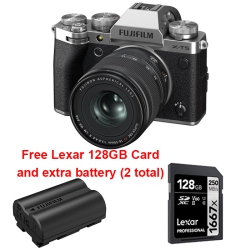 FUJIFILM X-T5 Bundle With Xf16-50MM F2.8-4 Lm Wr Lens Kit + Lexar 128GB 1667X Card + Npw235 In Silver